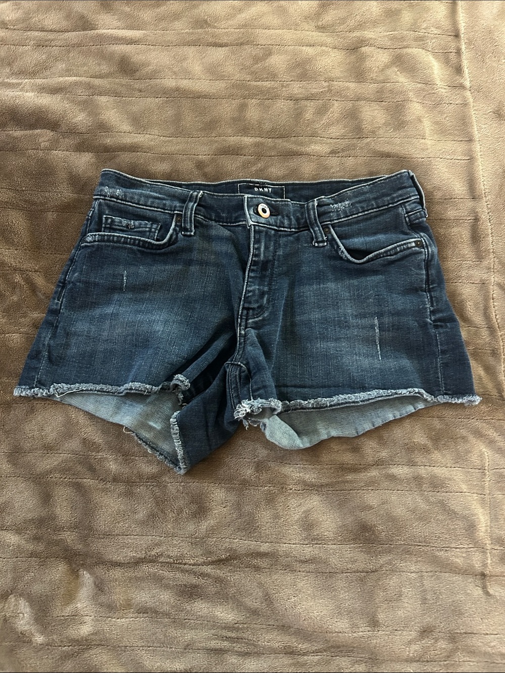 DKNY Dark Blue Frayed Hem Denim Shorts